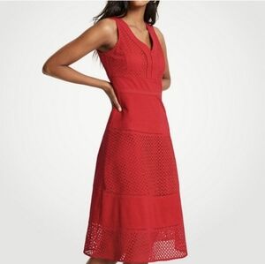 Ann Taylor Red Lace Eyelet Sleeveless Midi Dress Womens Size 6